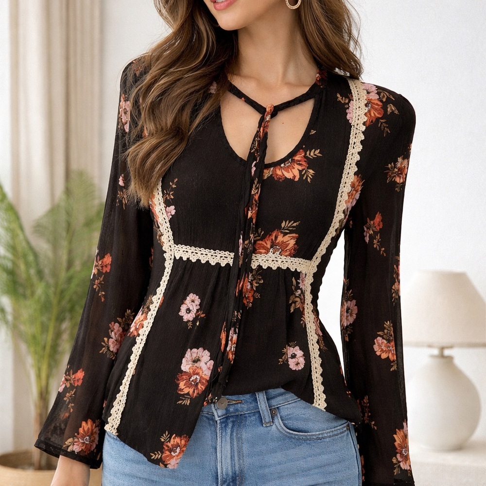 Eyeshadow Large Black Floral Lace-Trim Long Sleeve Blouse Like New